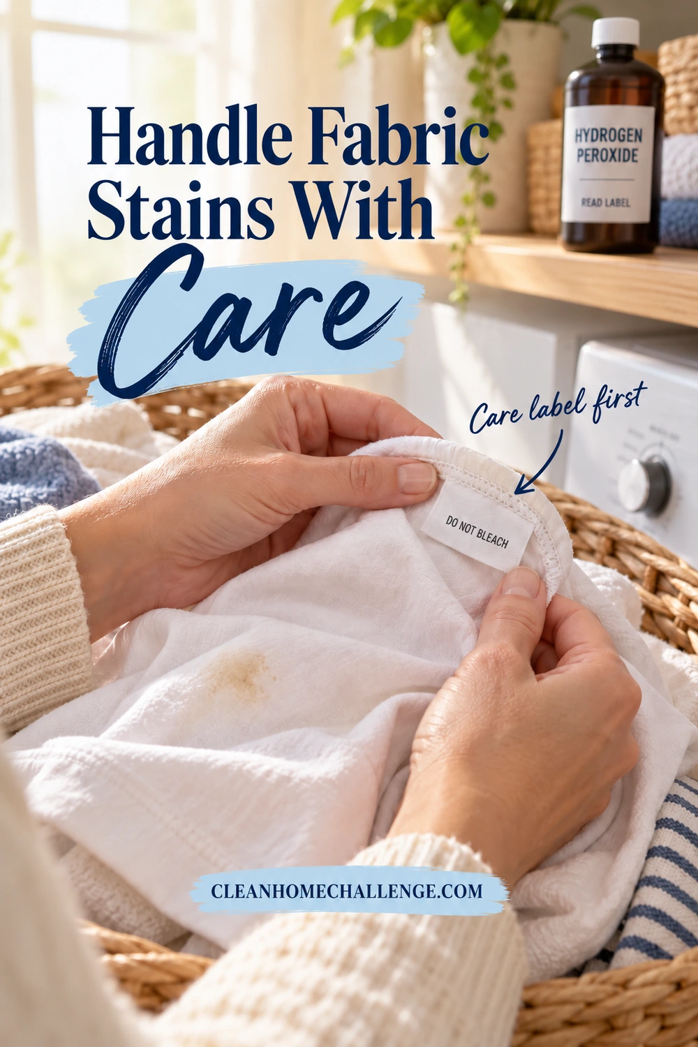 Hands hold the seam of a stained white garment to read a sewn label that says Do Not Bleach. A capped brown peroxide bottle sits on a shelf behind the laundry basket, with a Care label first arrow beside the tag.