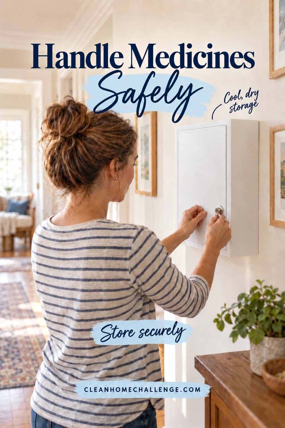 Woman turns a key in a closed wall cabinet in a dry hallway, under medicine-storage safety text.