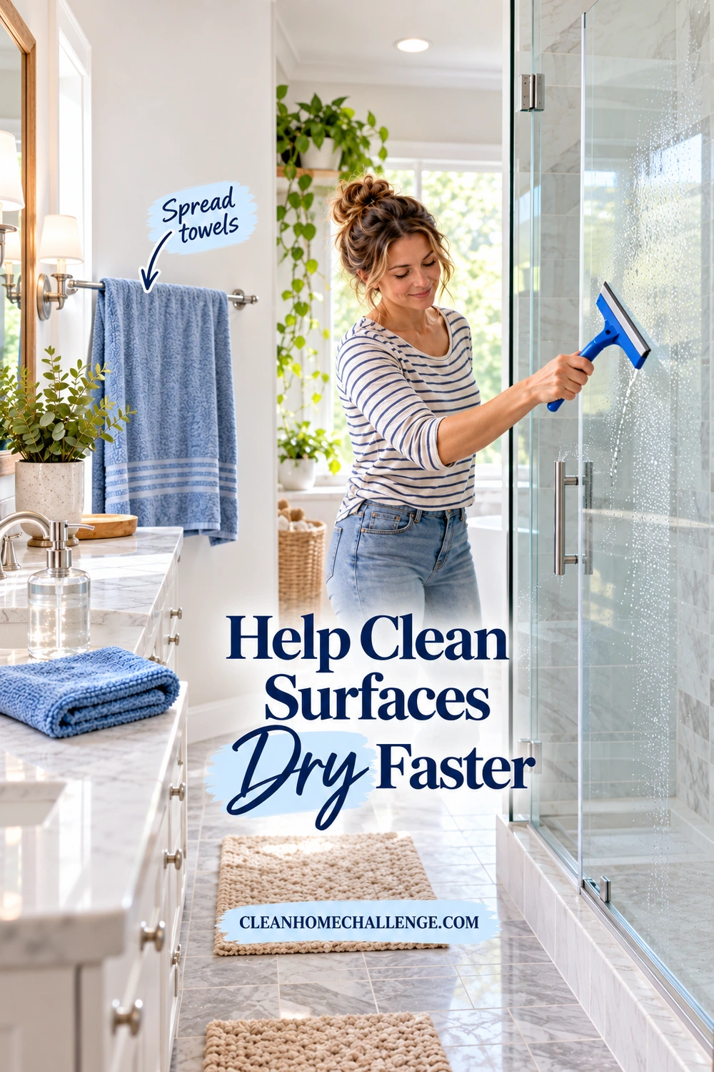 A woman uses a blue squeegee on clean shower glass; a towel hangs spread on a rail and a folded cloth rests on the vanity.