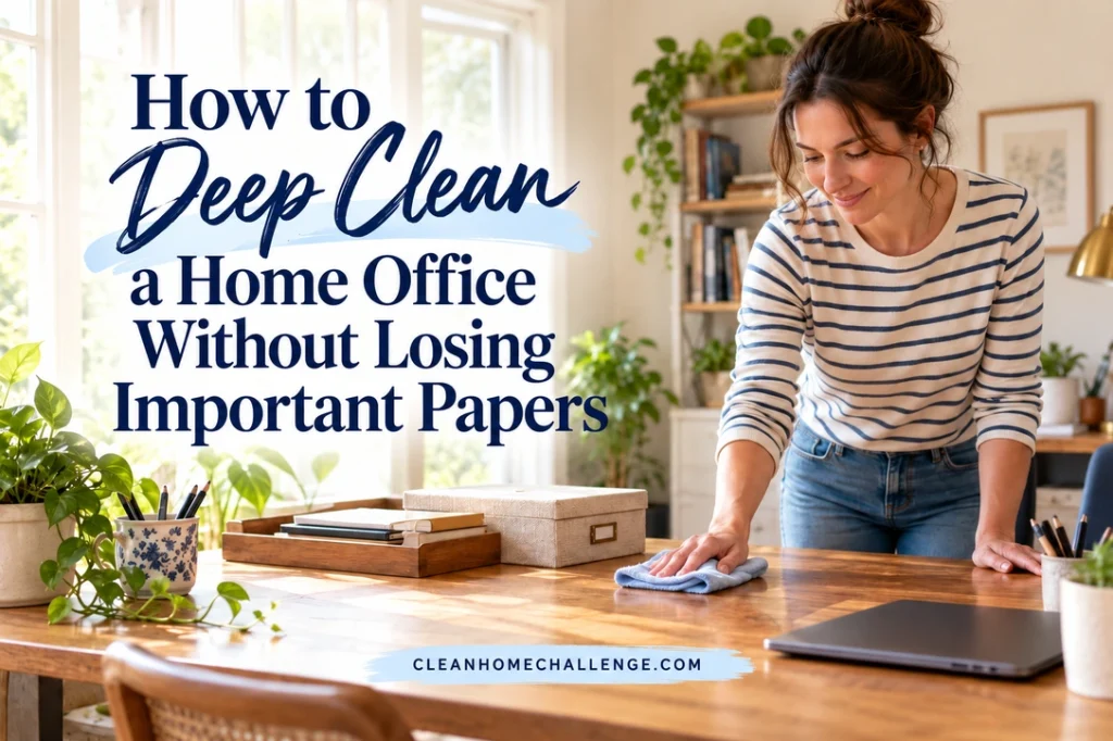 A woman in a striped shirt wipes an oak office desk while a document box, paper tray, and closed laptop sit nearby in a sunlit home office.