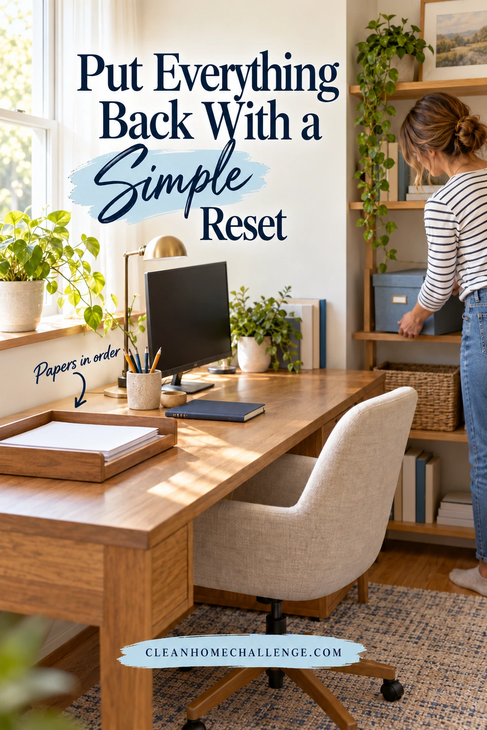 A woman returns a blue-gray document box to an office shelf beside a desk with a dark monitor, notebook, pencil cup, and tray of blank papers.