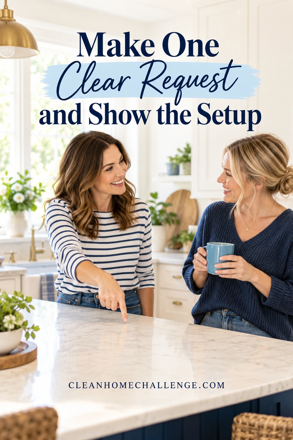 A host points to an empty counter spot as her guest holds a blue cup.