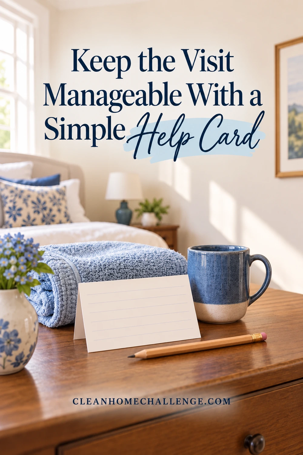 A blank lined note card rests beside a pencil, folded blue towel, and blue mug in a guest room.