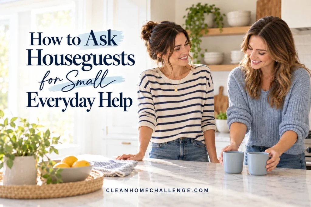A striped-shirt host smiles at a visiting woman placing two blue mugs on a kitchen counter.