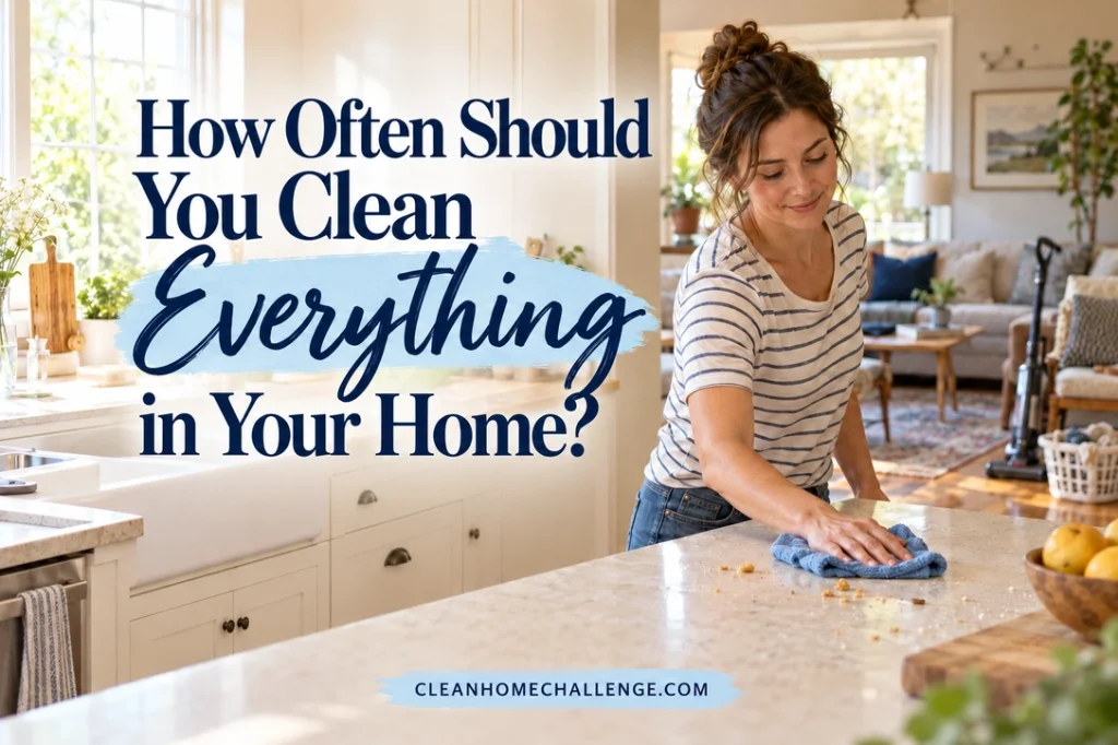 Woman in a striped shirt wiping a kitchen counter with a blue cloth, with a family living room visible beyond.