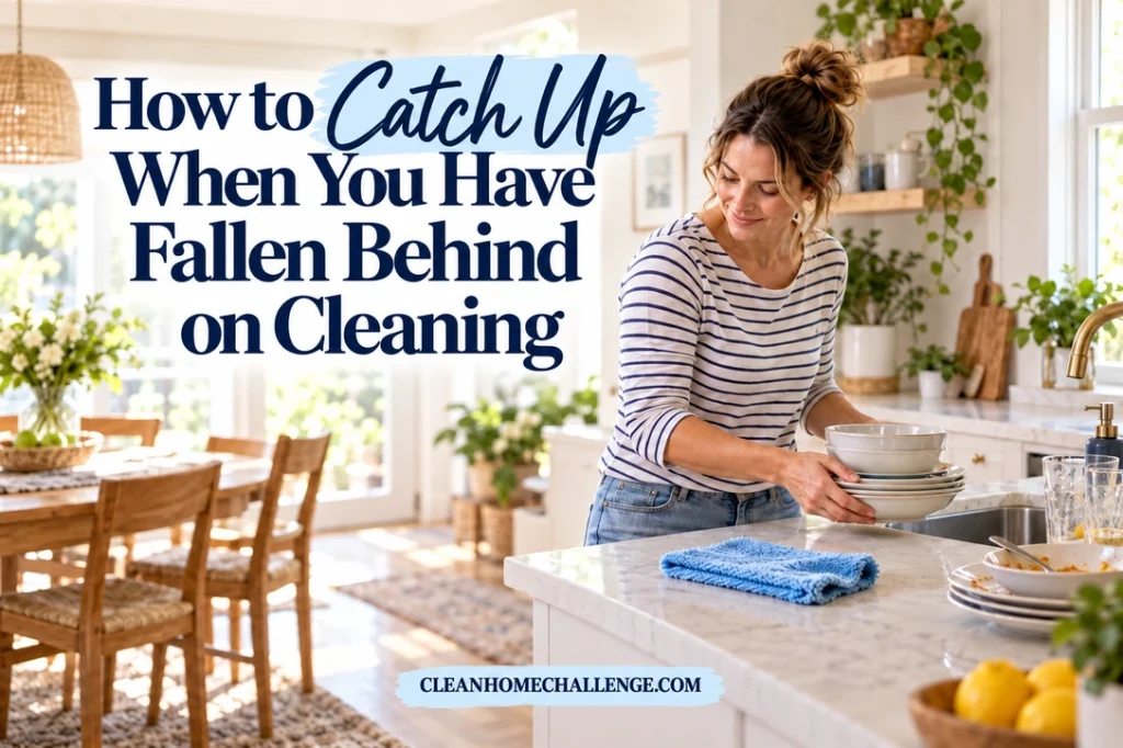 A woman in a striped shirt moves a stack of dishes toward a kitchen sink beside a blue cloth and a clear section of counter.
