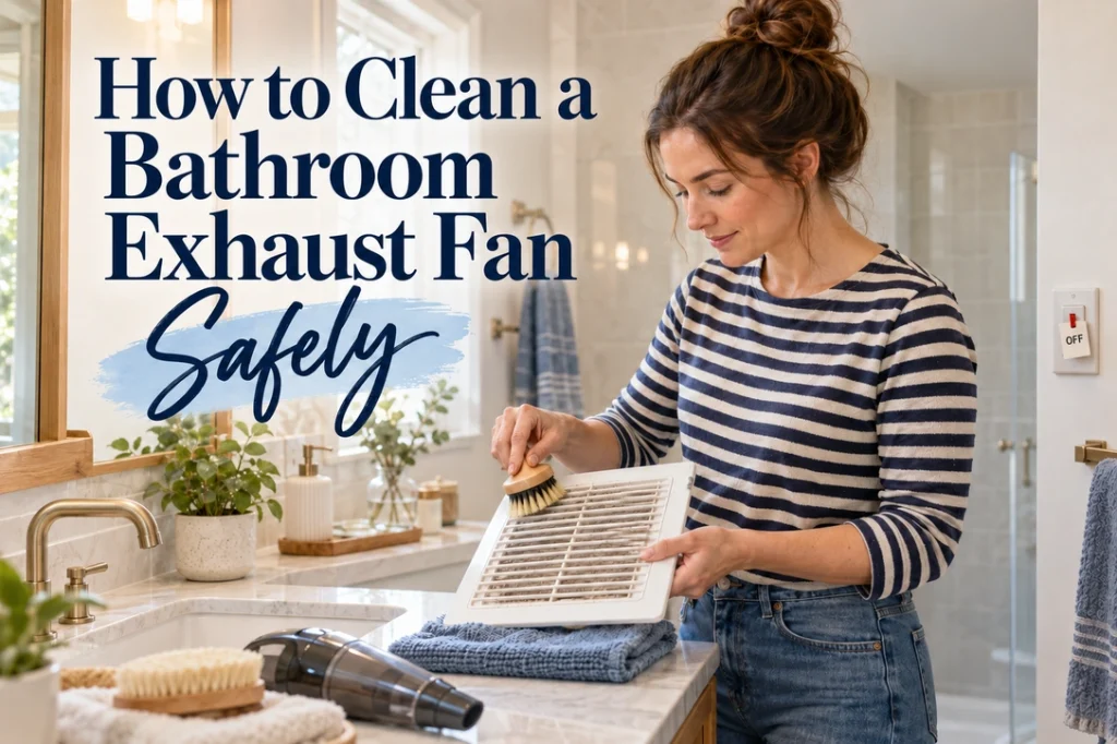 A woman gently brushes dust from a detached plain plastic bathroom exhaust fan grille over a folded blue towel.