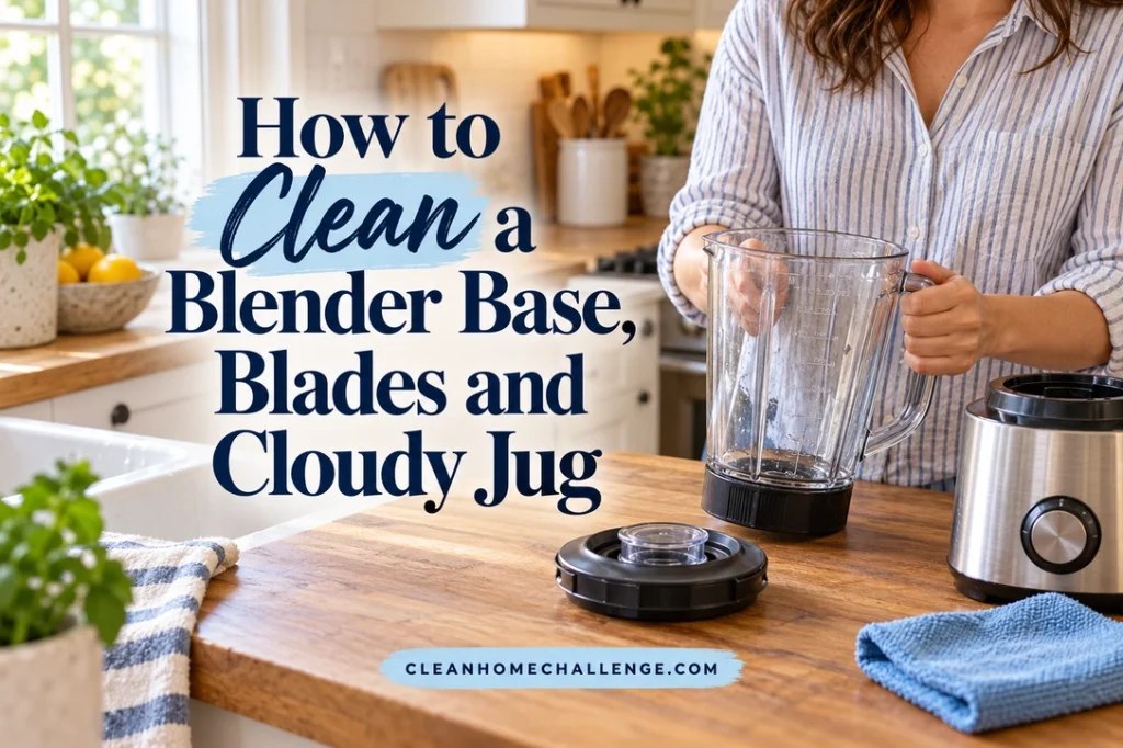An adult holds a clear blender jug on a wood counter beside a separate motor base, lid, and blue cloth, with the article title in navy serif and brush script.