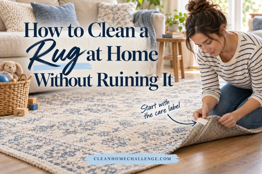 A woman in a striped shirt lifts the corner of a cream-and-blue living-room rug to inspect its care tag. The exact article title appears in navy serif and flowing Rug script.