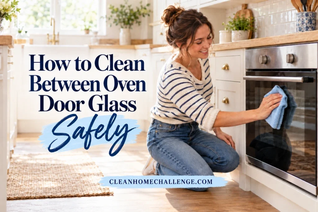 A woman in a striped shirt kneels beside a closed oven and wipes its outside glass with a blue cloth.