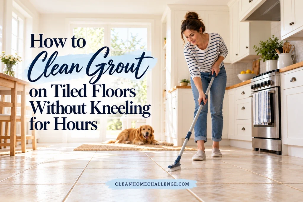 A woman in a striped shirt uses a long-handled grout brush on a cream-tiled kitchen floor while a dog rests on a rug behind her.