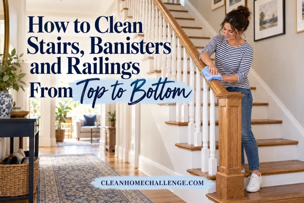 A woman in a navy-and-white striped shirt wipes an oak stair handrail with a blue cloth beside white balusters. Navy serif and flowing script display the article title.