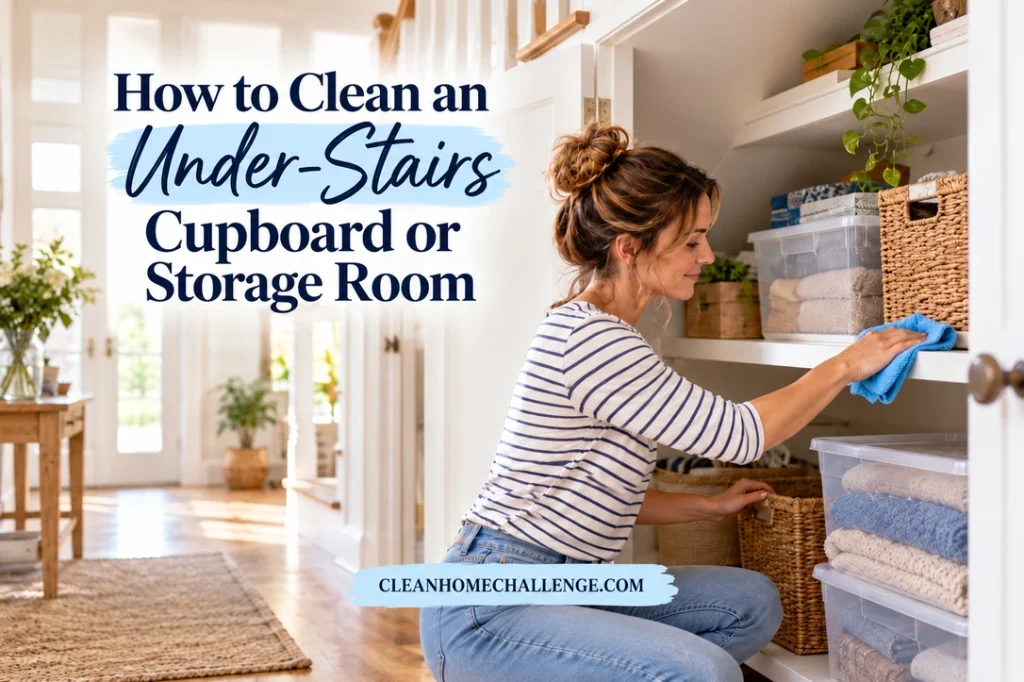 A woman in a striped shirt wipes a white under-stairs cupboard shelf with a blue cloth beside clear bins of folded linens and woven baskets.