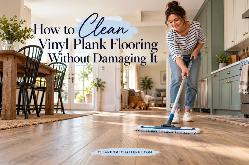 Woman in a striped shirt using a blue flat mop on wood-look vinyl planks in a sunlit kitchen, with the article title above the floor.