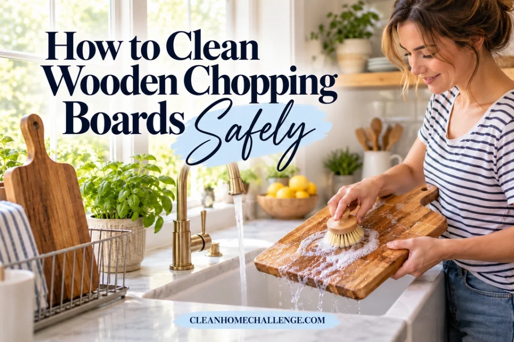 A woman in a striped shirt washes a wooden board above the sink while another board stands in a drying rack.