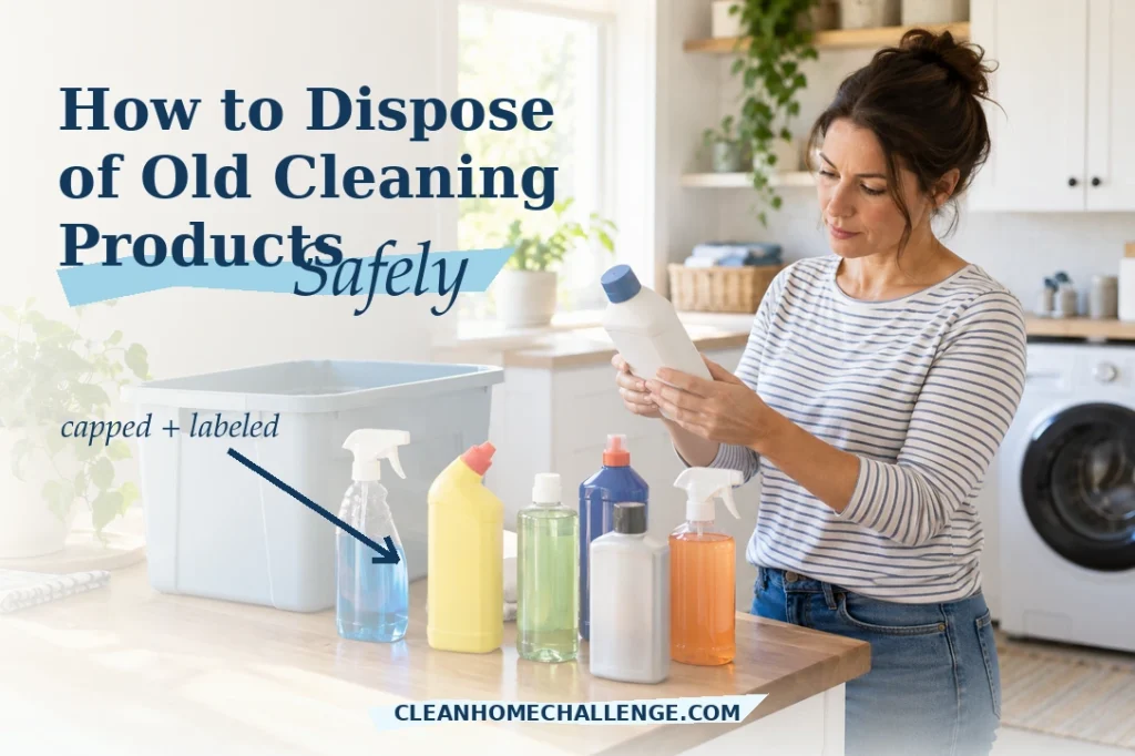 Woman reading a capped cleaning-product label beside upright household cleaners
