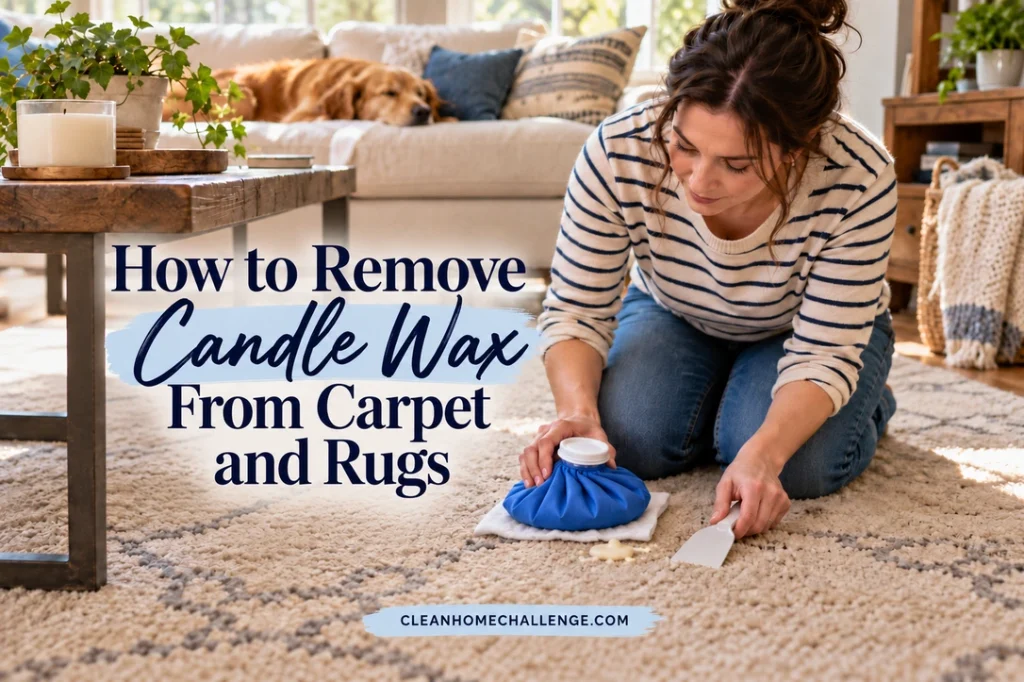 A woman kneels beside a small ivory wax spill on beige carpet with a blunt white scraper and a blue cold pack resting on a white cloth. Navy text gives the candle-wax removal title.