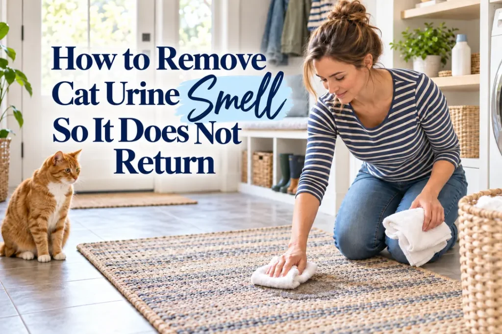 Woman blotting a small rug spot with white towels while a cat watches in a bright family living room