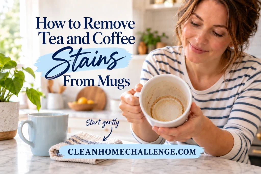 A striped-shirt woman holds a white mug with brown drink stains beside a clean blue mug and folded soft cloth.