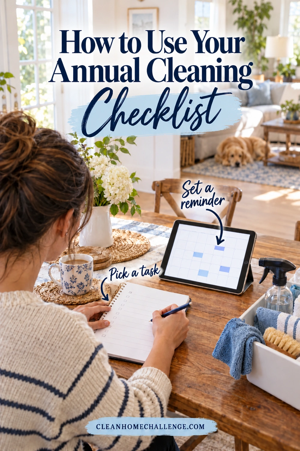 Over-the-shoulder view of a woman planning room tasks beside a tablet calendar and cleaning tools.