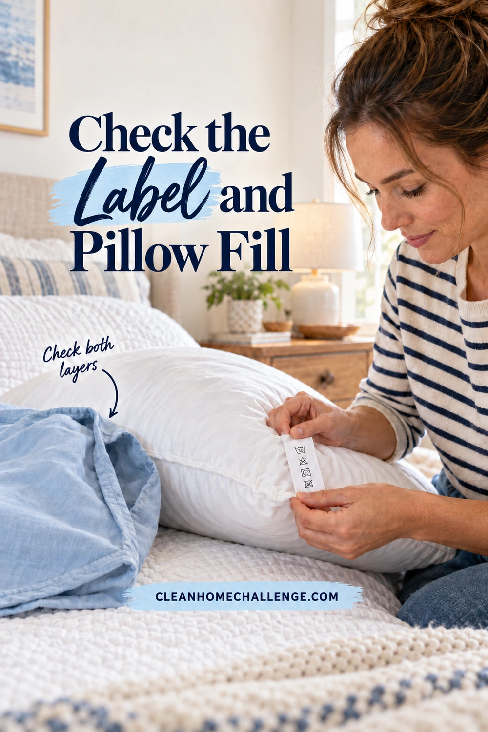 A woman in a striped shirt reads a white pillow’s sewn-in care label on a bed beside a removed blue pillowcase.
