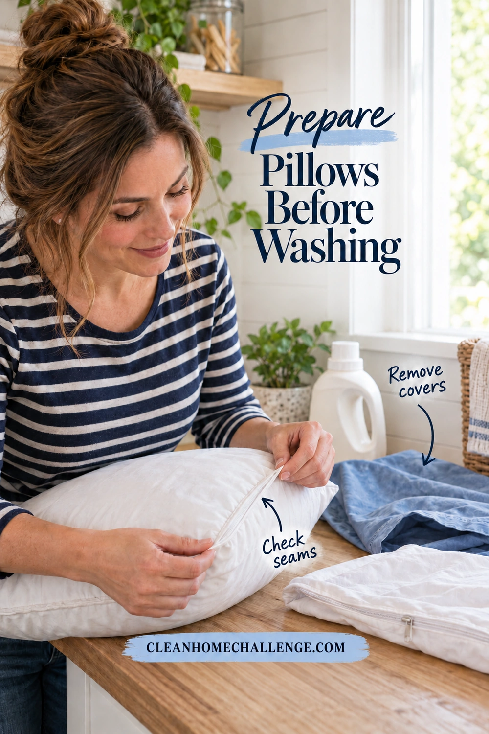 Two hands inspect a pillow seam on a wood laundry counter beside a removed pillowcase, a folded protector, and a closed detergent bottle.