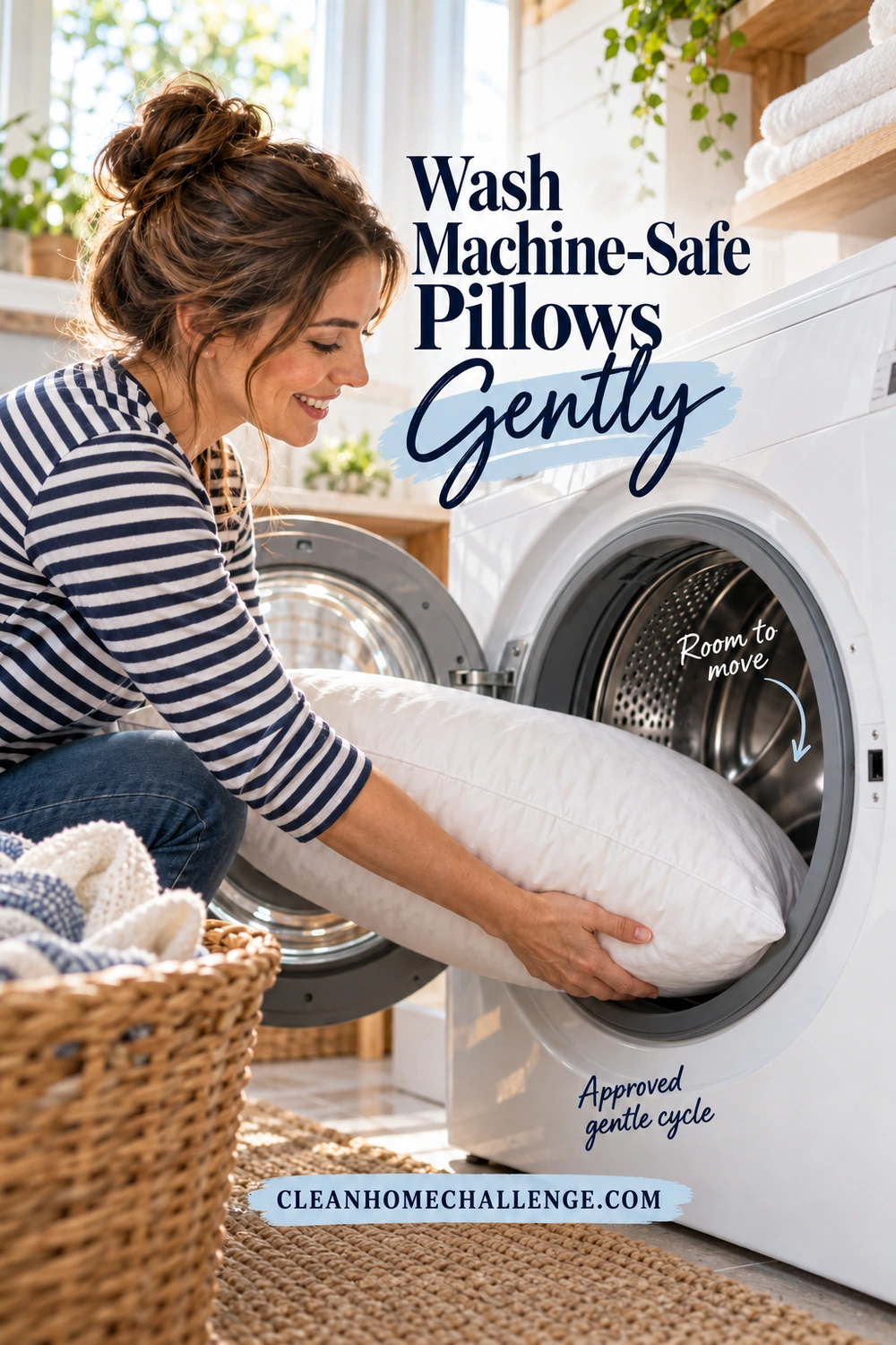 A woman supports a white pillow with both hands while placing it loosely into a roomy front-loading washer in a bright family laundry room.