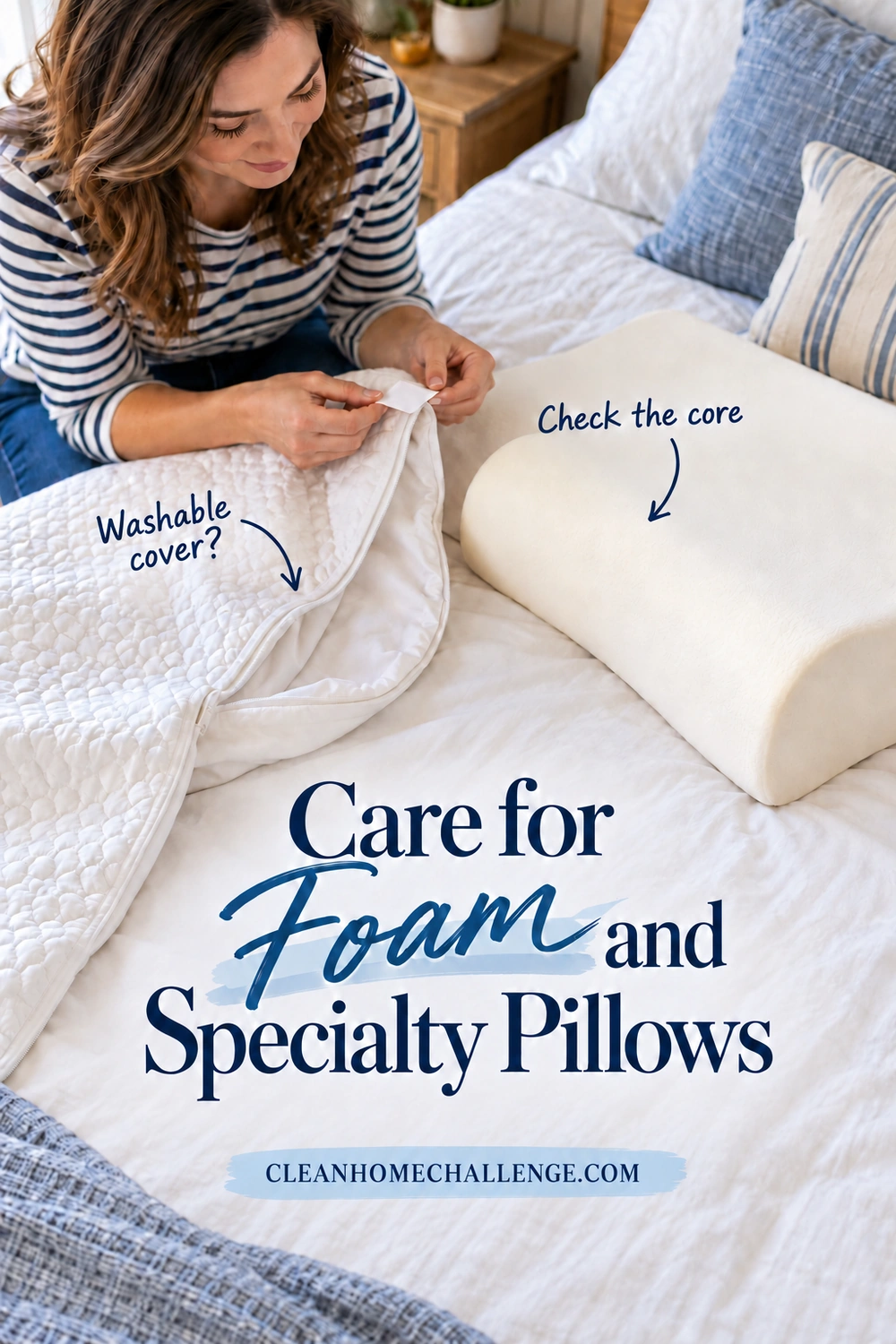 A dry contoured foam pillow rests on a bed beside its removed zippered fabric cover while a woman checks the cover’s care label.