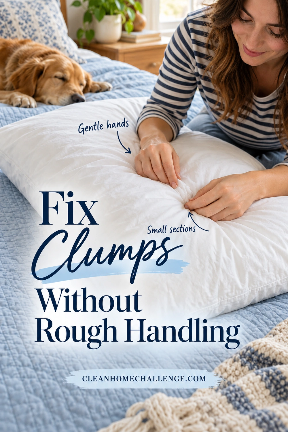 A woman gently redistributes filling through a white pillow’s closed shell on a blue bedspread, while a dog rests behind the pillow.