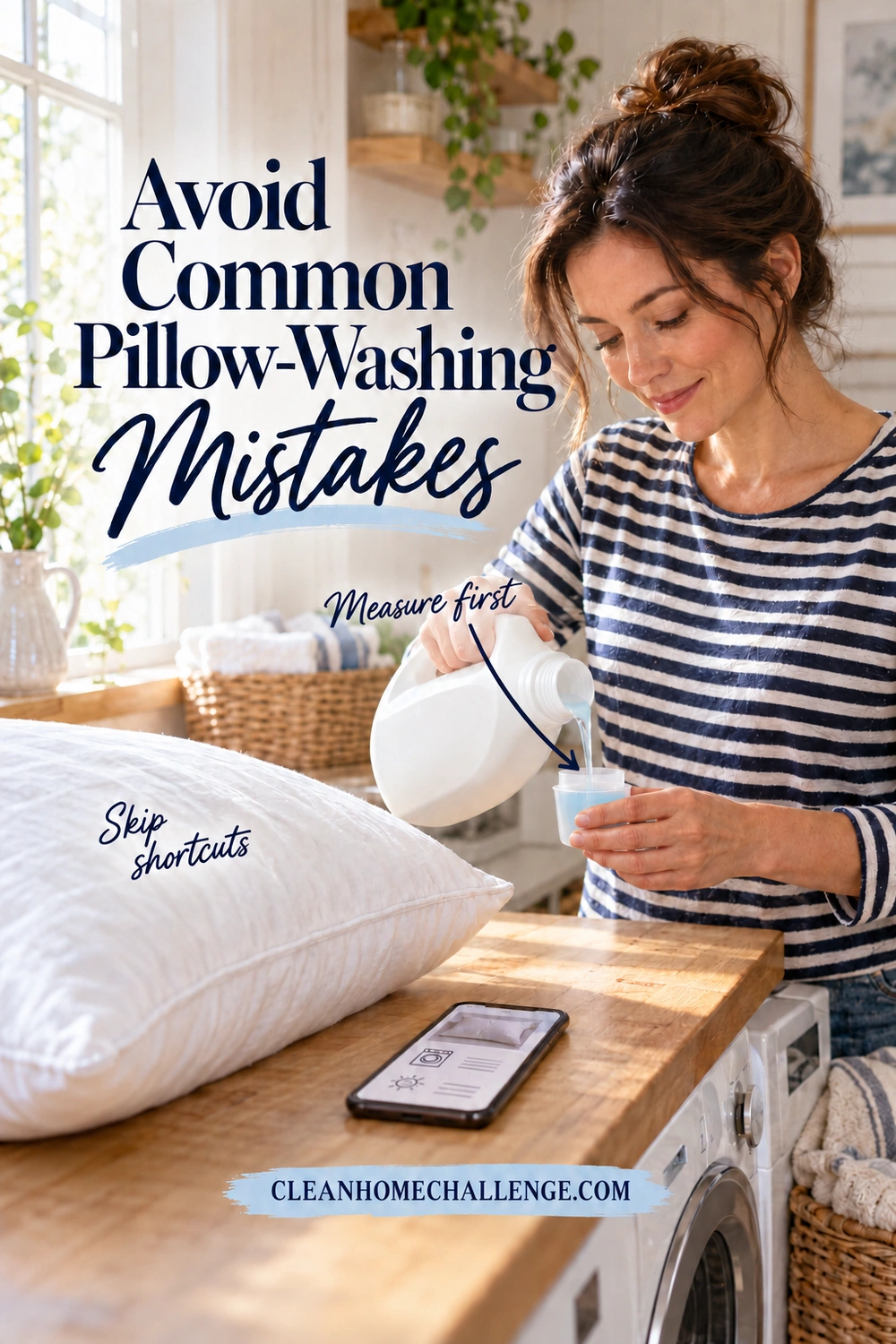A woman measures liquid detergent into its cap beside a pillow and a phone displaying care instructions on a wood laundry counter.