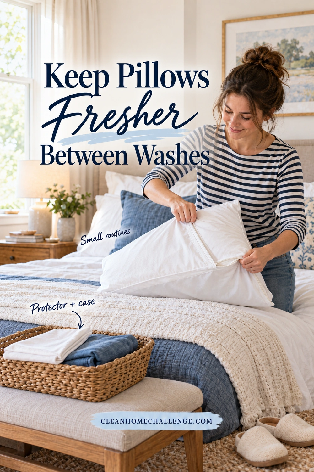 A woman slides a fully dry white pillow into a clean zippered protector on a bed, with a blue pillowcase and spare protector folded nearby.