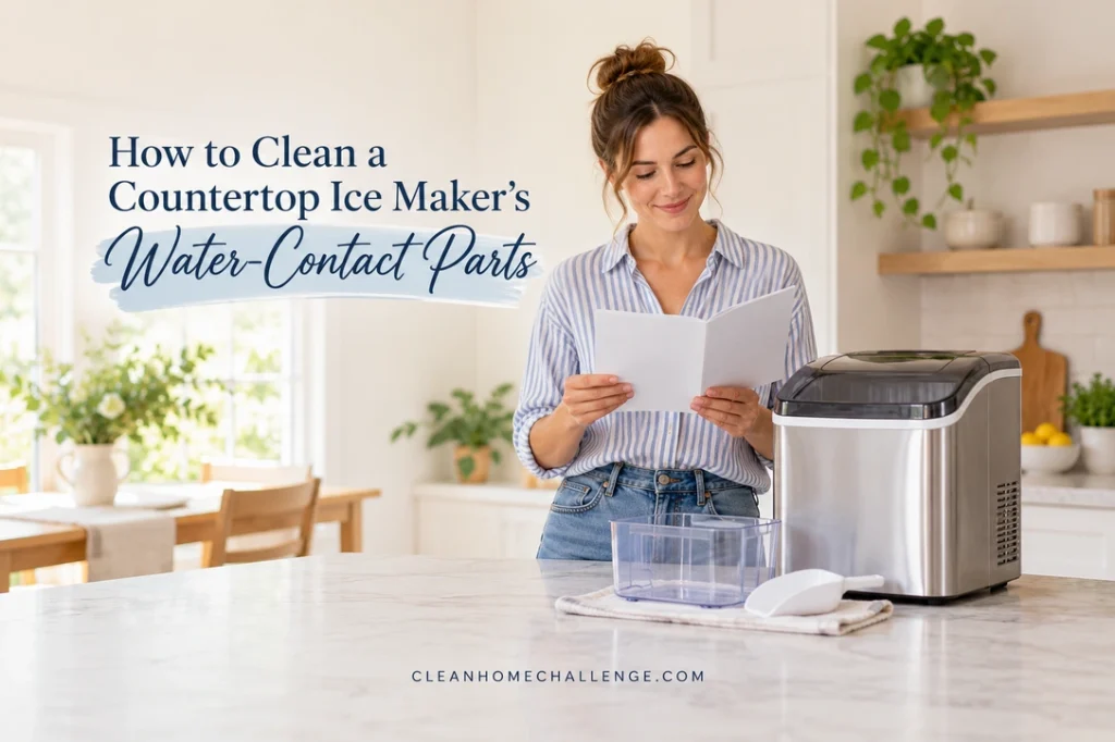 A woman reads a plain leaflet beside a stainless countertop ice maker, removed clear bin and white scoop on a towel.