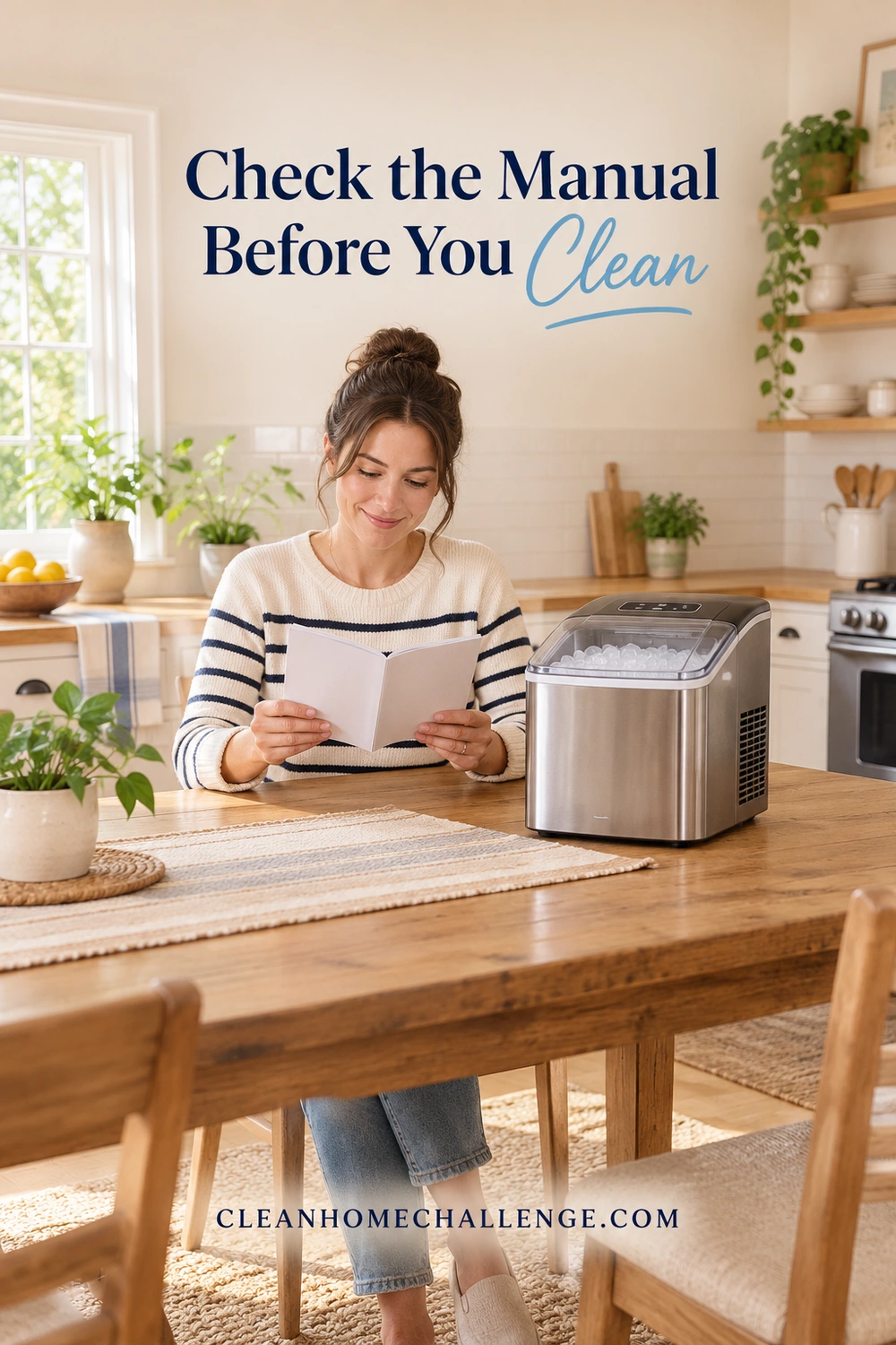 A woman sits reading a plain manual beside a compact ice maker on a wooden kitchen table.