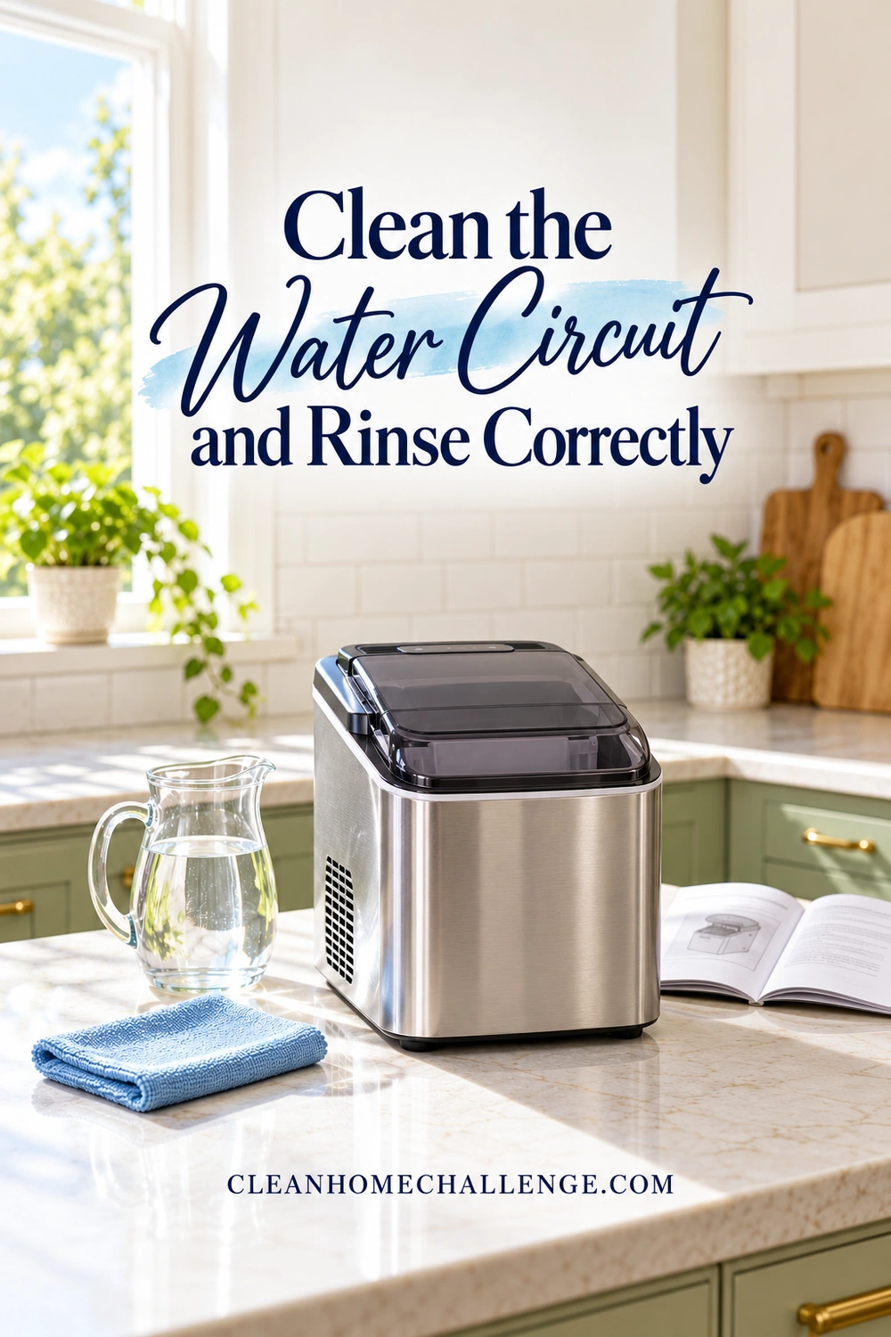A closed stainless countertop ice maker stands beside a pitcher of clean water, blue cloth, and open manual.