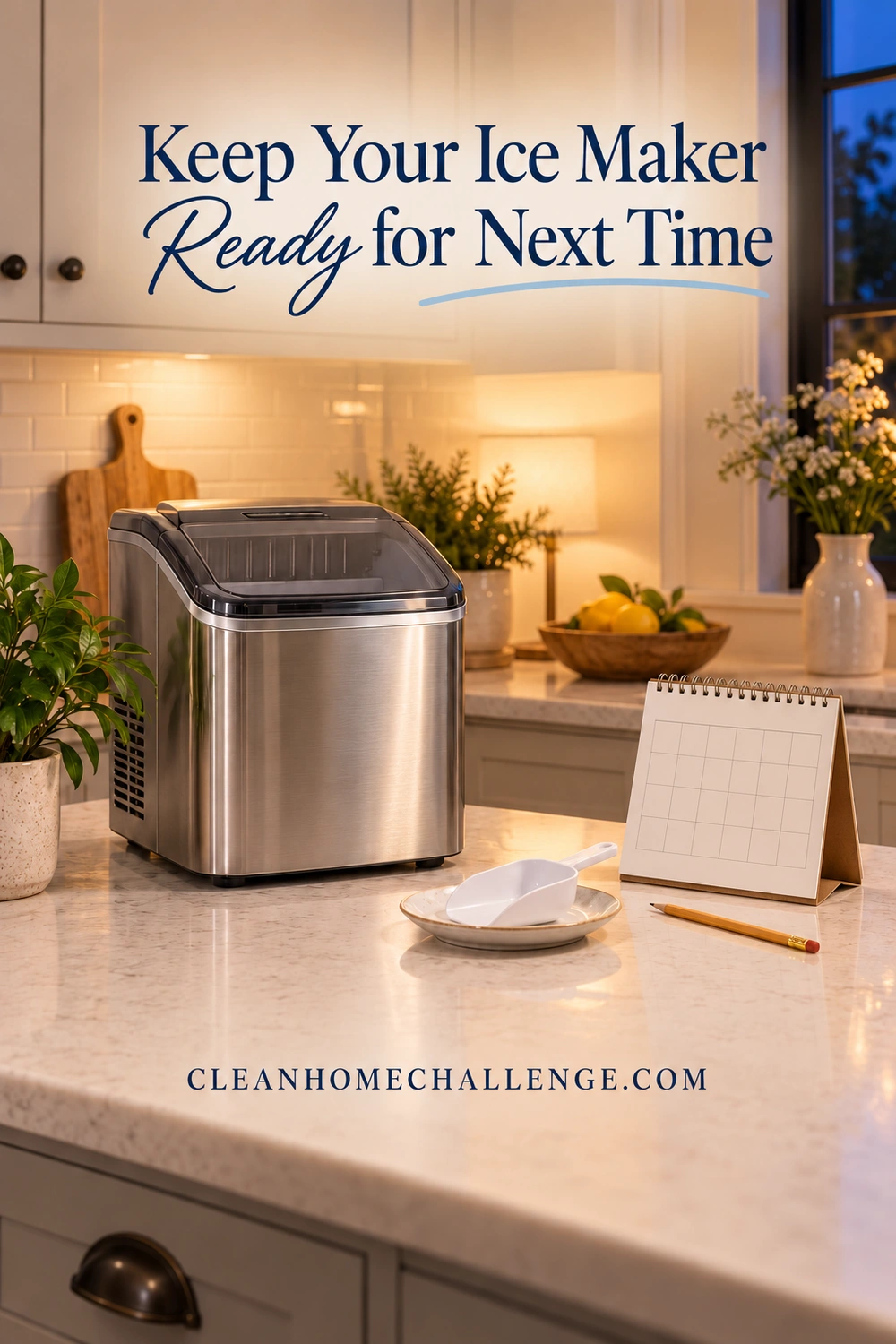 A closed ice maker, white scoop on a saucer, pencil, and blank grid calendar sit on a warm kitchen counter in evening light.