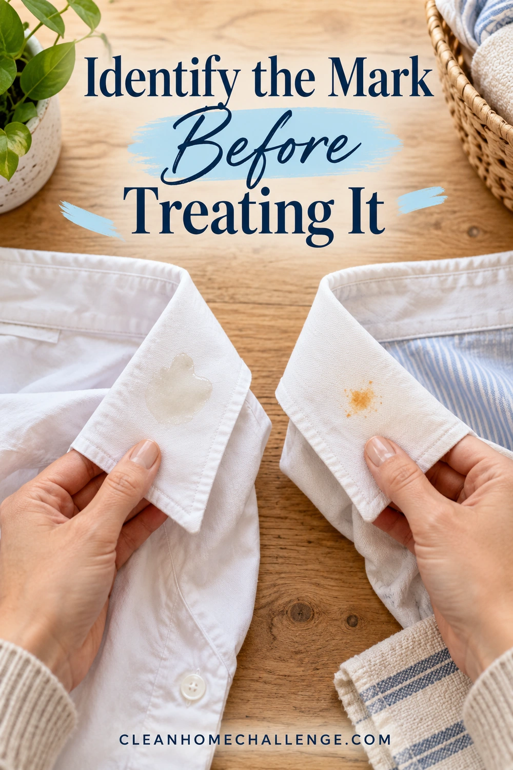 Hands compare two white shirt collars with pale oily and orange marks on a wooden counter.