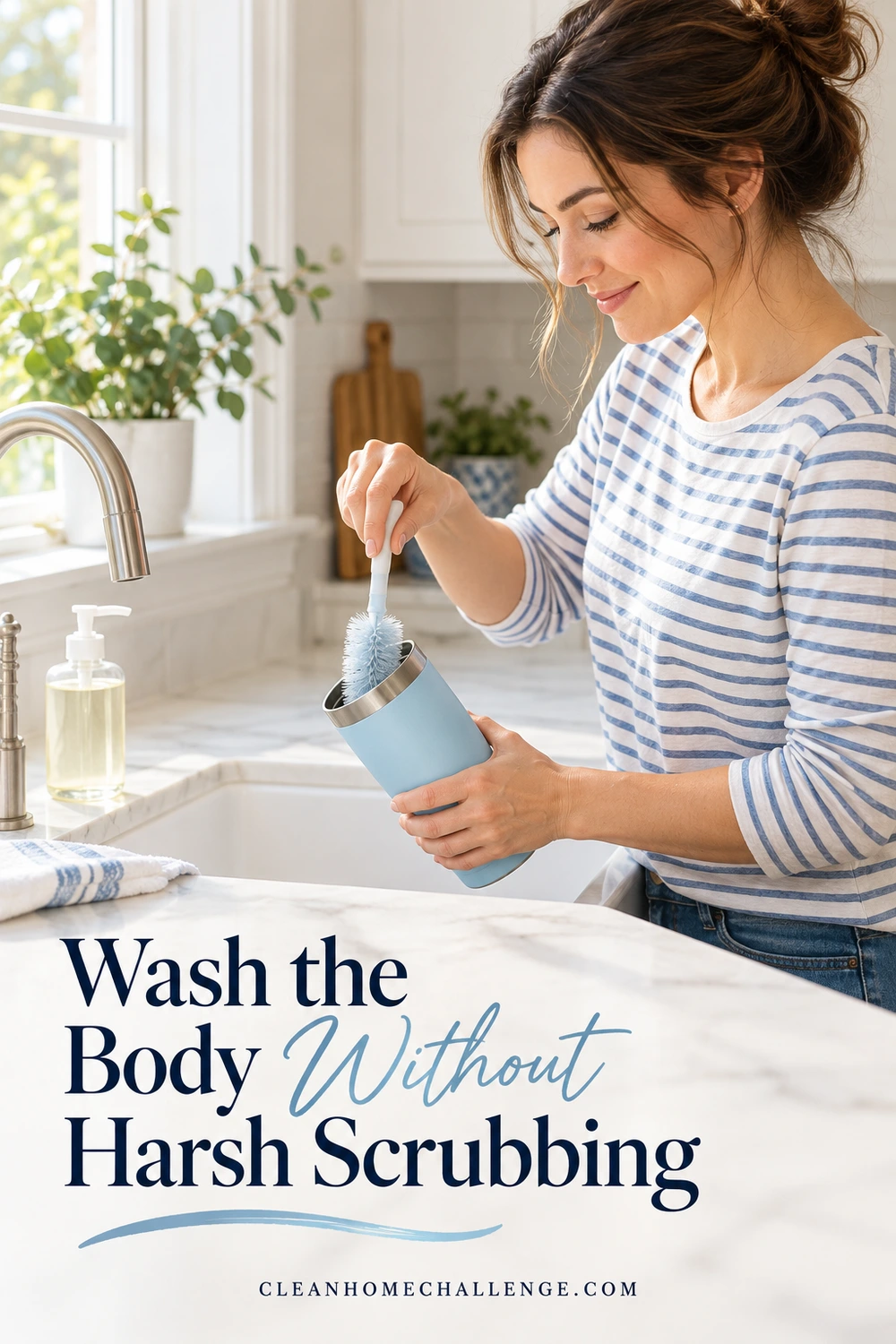 A woman gently brushing inside a blue stainless-steel tumbler above a kitchen sink.
