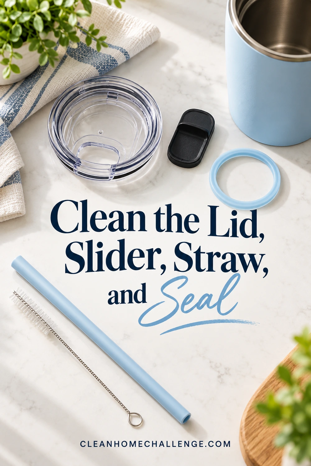 A clear lid, detached slider, blue gasket, straw, and straw brush arranged beside an open tumbler.