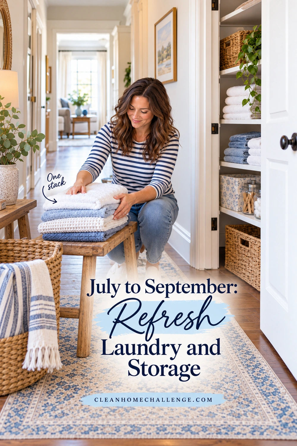 A woman sorts a stack of clean towels beside open linen storage.