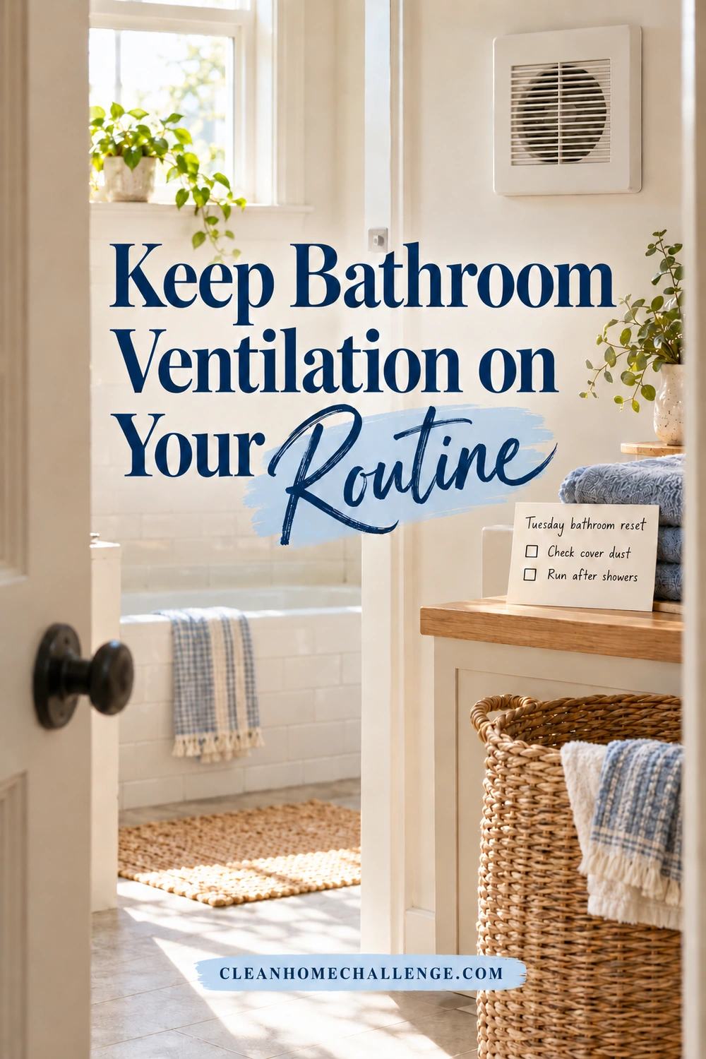 A bathroom routine reminder sits beside folded towels and a laundry basket, with a closed exhaust fan and open doorway behind it.