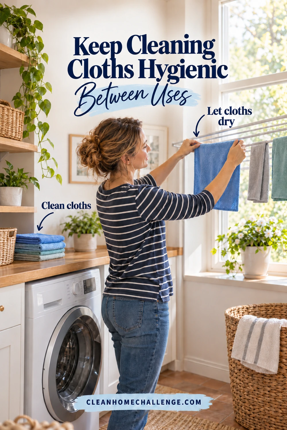 A woman hangs a blue cleaning cloth on a drying rack beside other cloths in a laundry room. Arrows identify clean folded cloths and the drying rack beneath the hygiene heading.