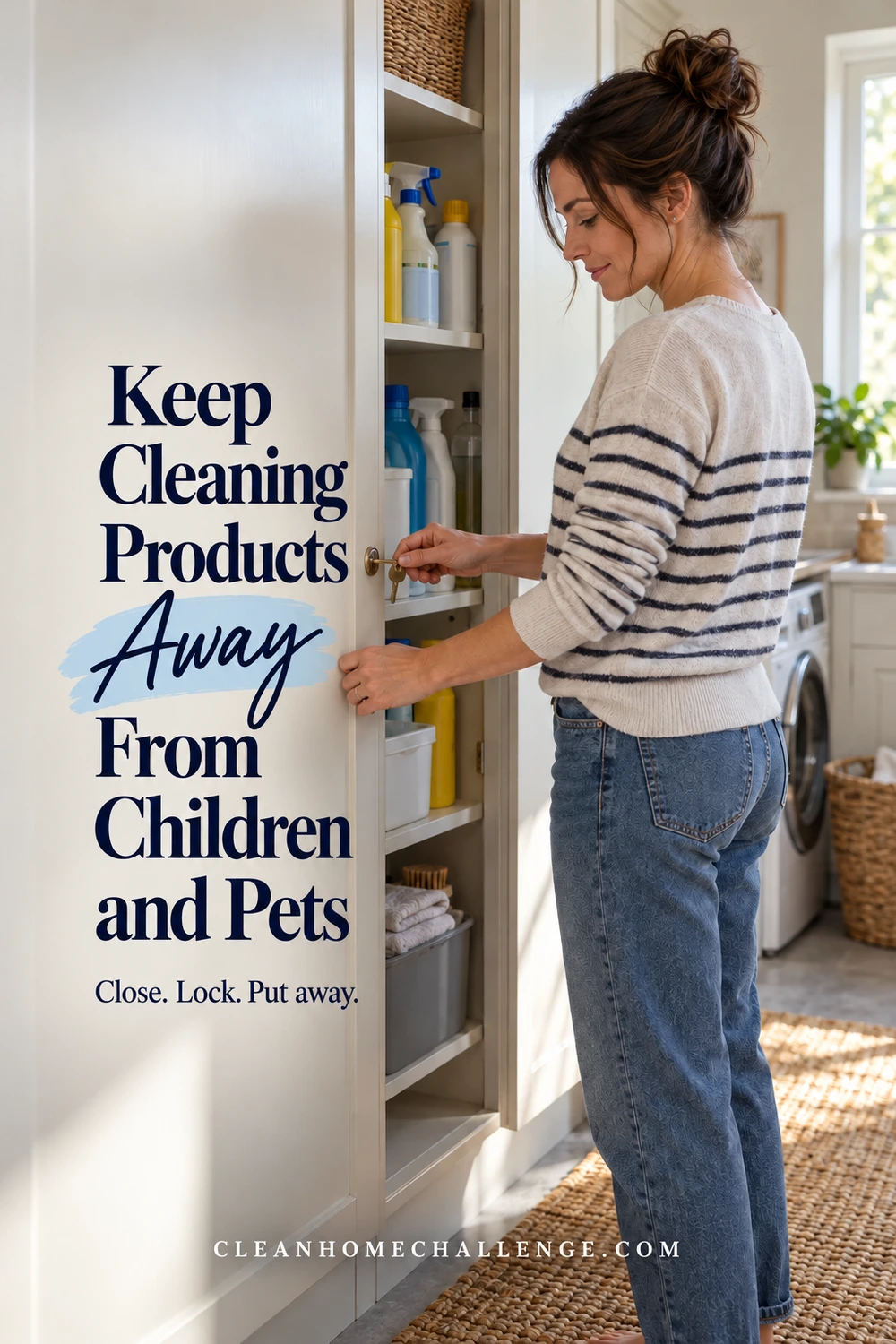 A woman turns a key while closing a utility cabinet containing cleaning supplies, beside a reminder to keep products away from children and pets.