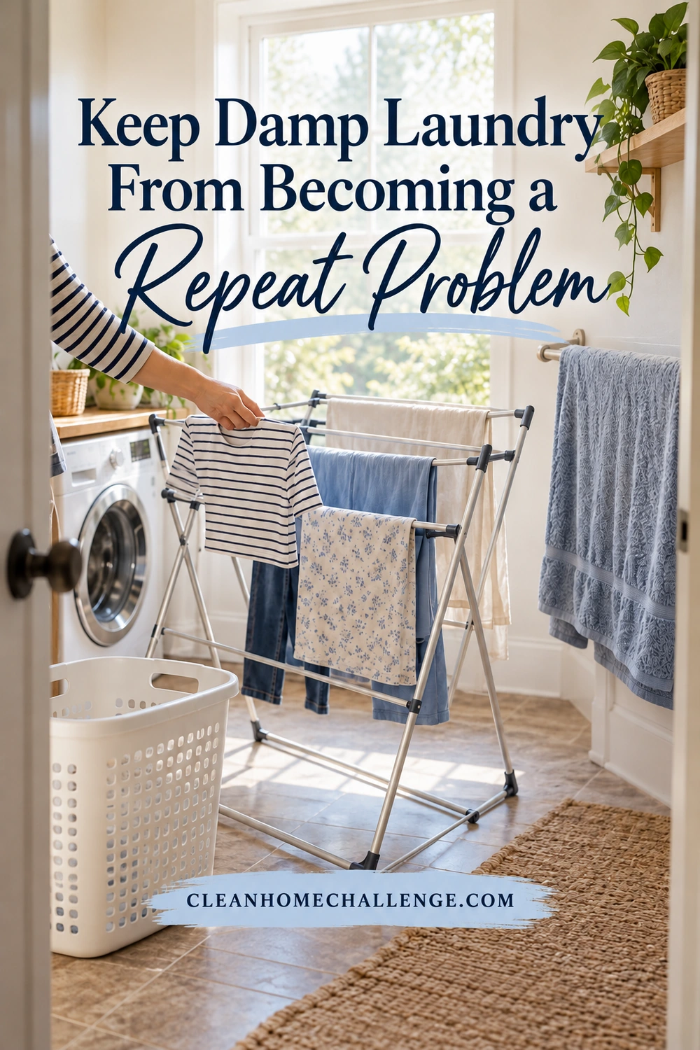 An adult places a striped shirt on a rack of well-spaced laundry beside an empty ventilated basket and a towel hanging open on a rail.