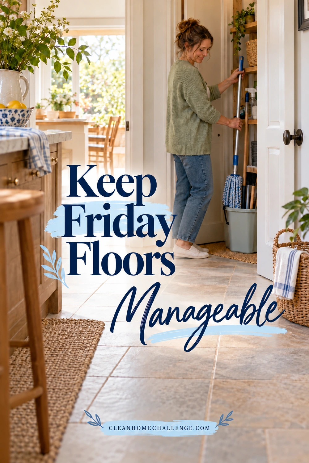 A woman in a sage cardigan returns a mop to a small utility closet beside a clear tiled kitchen pathway.
