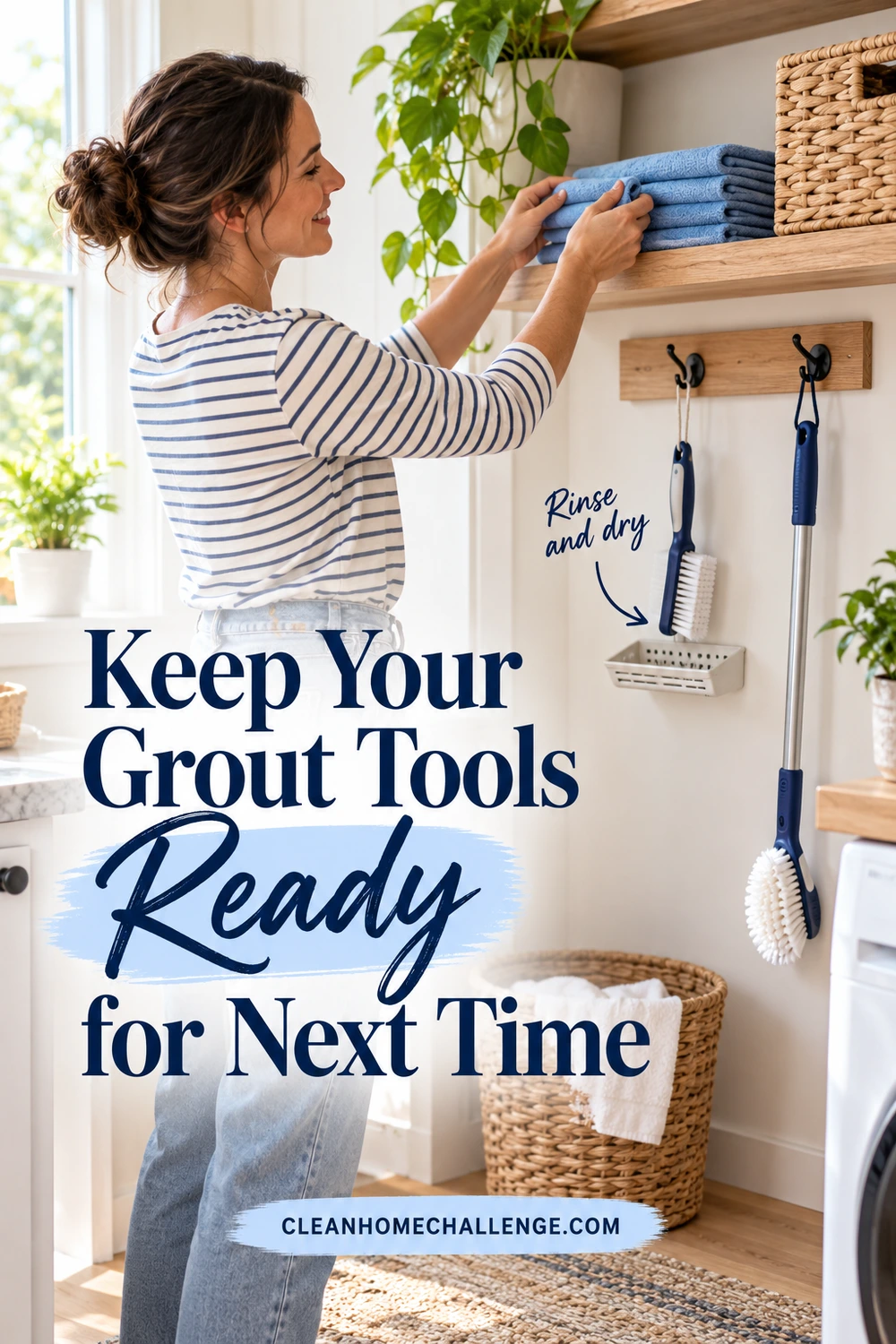 Clean grout brushes hang above a draining tray in a laundry nook as a woman puts away a dry cloth on the nearby shelf.