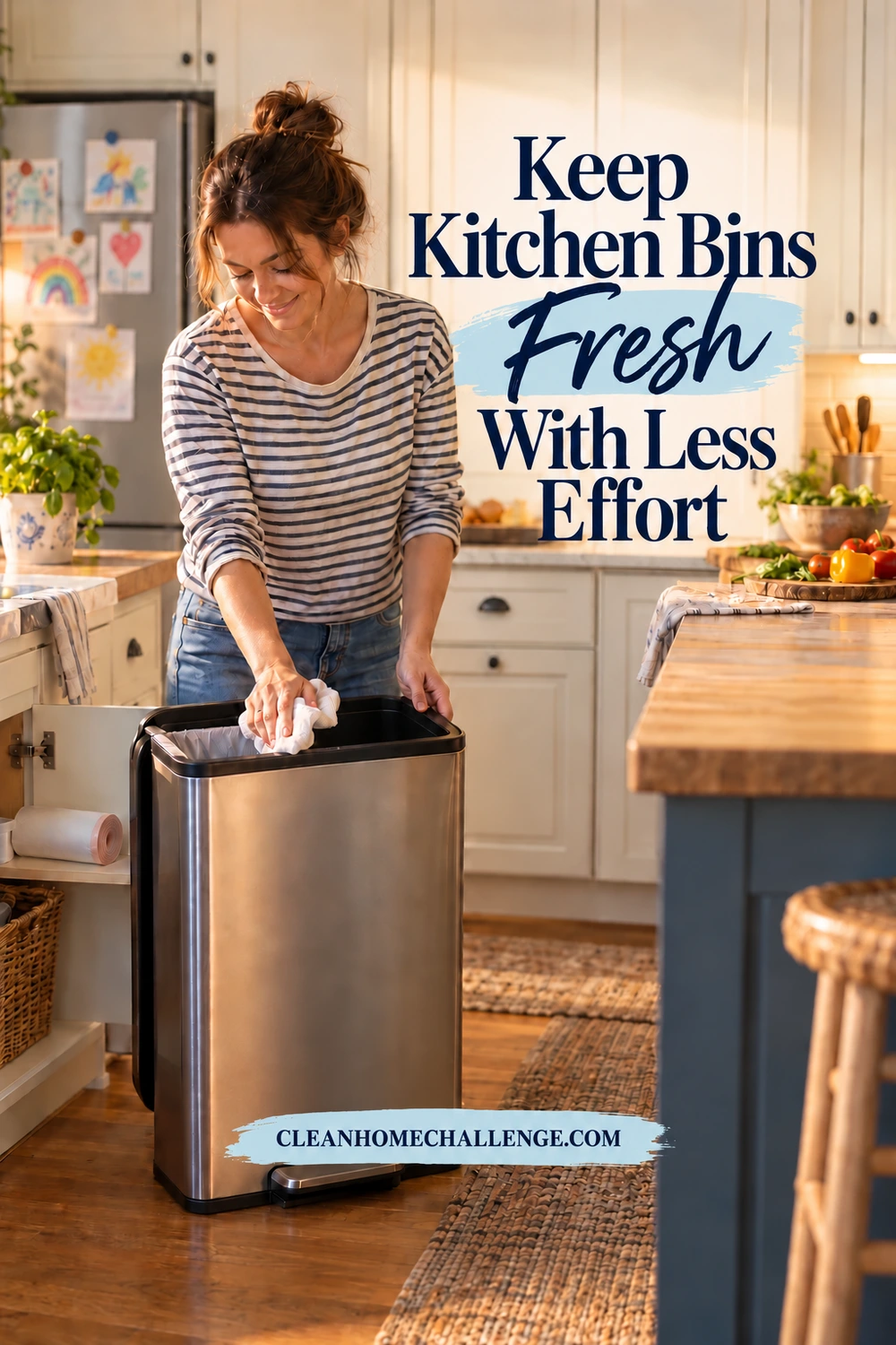 Woman wipes the rim of a stainless kitchen bin beside a roll of replacement liners in a family kitchen.