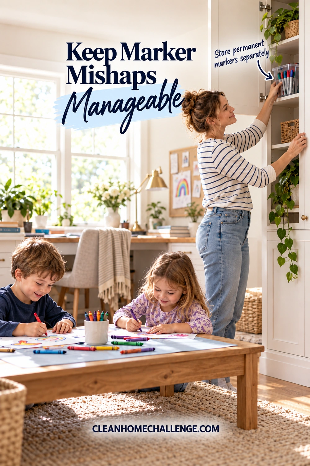 A mom stores capped markers in a high cabinet while two children draw with crayons on a protected table.