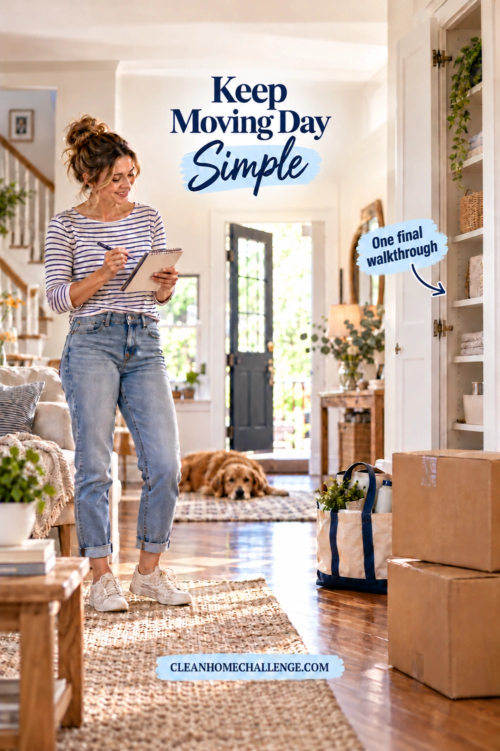 Woman checking a notepad in a living room beside stacked moving boxes and a tote, with a callout pointing toward an open cupboard.