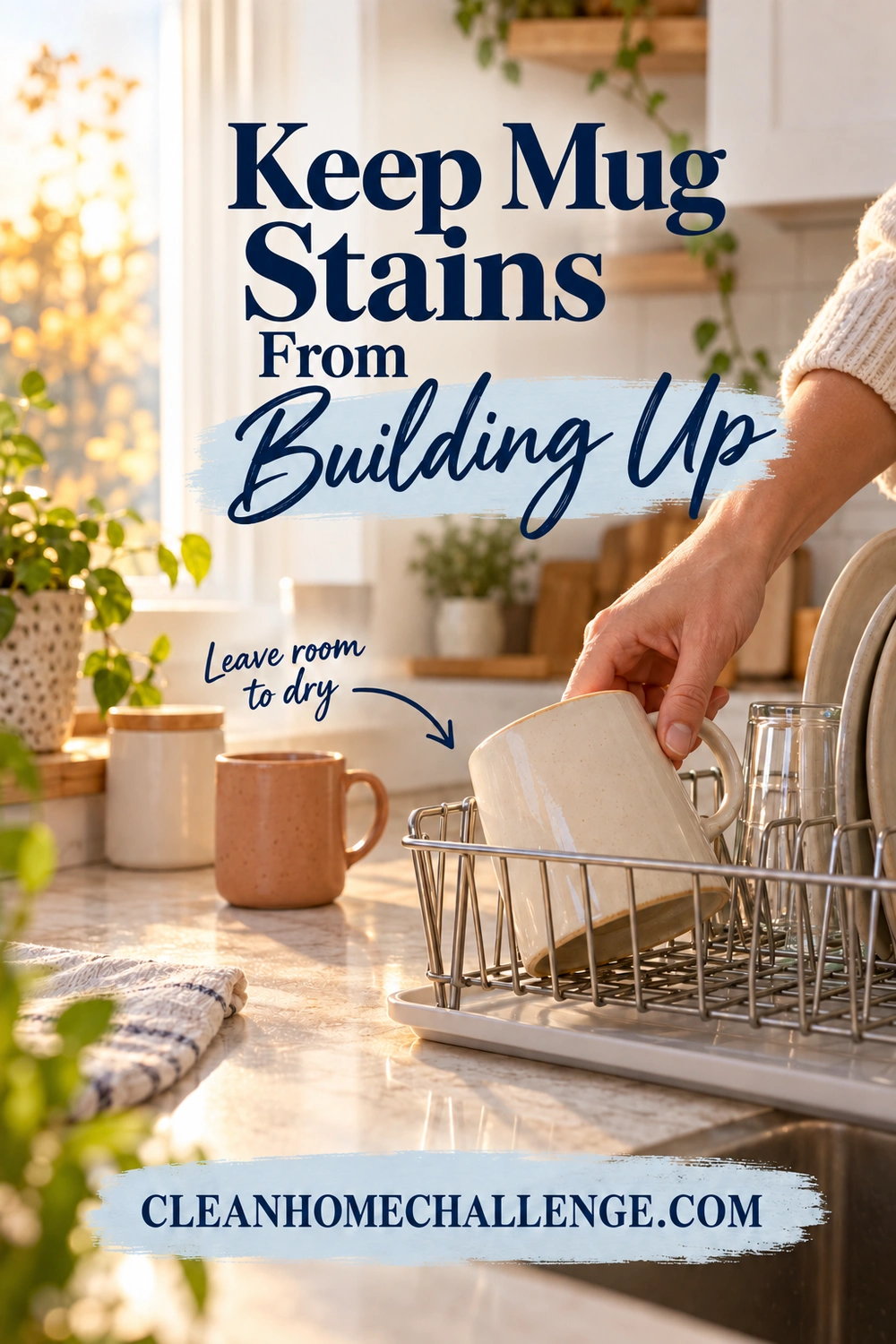 A hand places a freshly washed cream mug at a draining angle in an open dish rack, with space around it and a terracotta mug farther back on the counter.