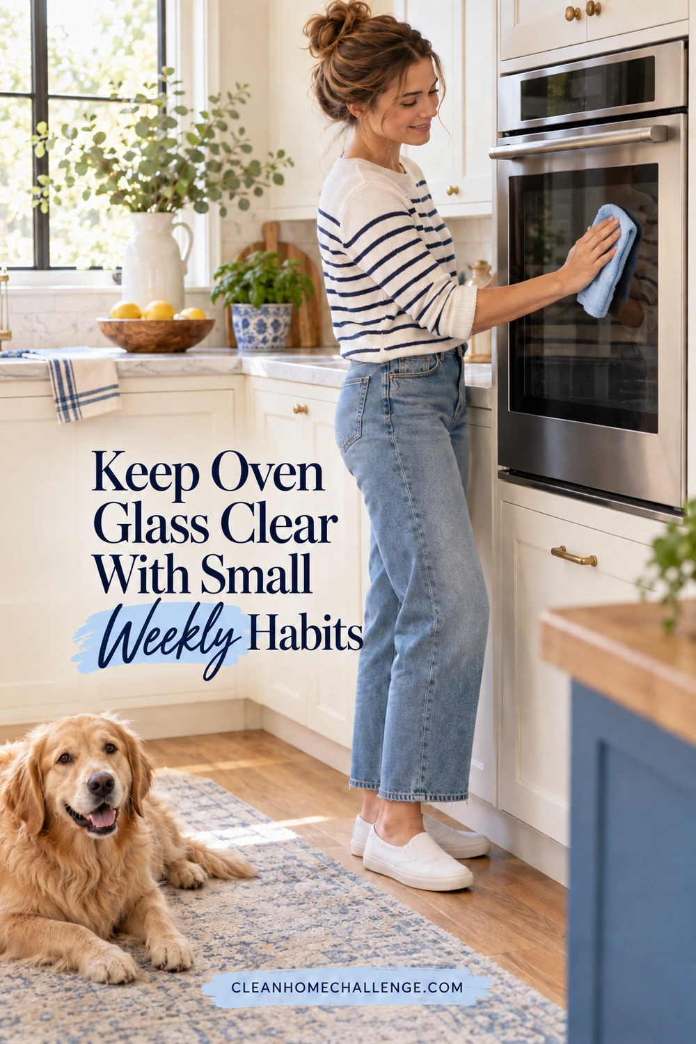 A woman wipes the outside of a wall oven with a blue cloth while a golden dog rests on a nearby kitchen rug.
